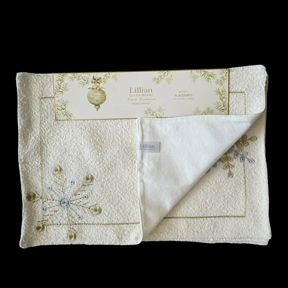 Lillian August Christmas Placemats Set of 4 Gold & Silver Snowflake Holiday Glam
